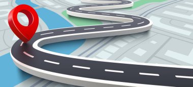 3D konum simgesi sembollü yol haritası ya da gps seyahat rota işaretleyicileri ve ulaşım yeri işaretleyicisi. Vektör illüstrasyonu