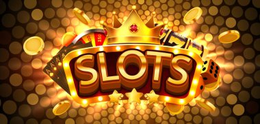 Golden Slots Game Banner with Casino Elements, featuring cards, dice, and coins on a dazzling background. Vector illustration.