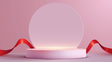 Kurdeleli podyum sahnesi. Ürün sunumu, taklit et. Kazanan sahne kaidesi ya da platformu. Vektör illüstrasyonu