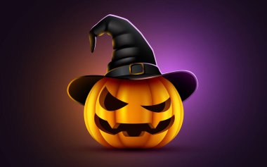 Cadı şapkalı ürkütücü Cadılar Bayramı Balkabağı. Karanlık, değişken bir geçmişi var. Parlayan şeytani bir yüzü var. Vektör illüstrasyonu.