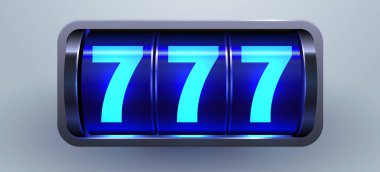 Şanslı 777 Piyango Kumar Makinesi Sergisi. Kumarhane oyunları ve başarı için kazanan bir sembol. Vektör illüstrasyonu