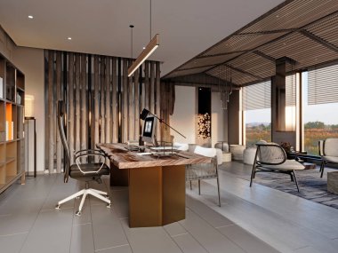 İdari masası, toplantısı ve dinlenme yeri olan bir tasarım ofisi. 3d oluşturma.