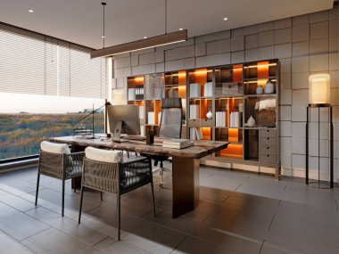 Loft style office with executive desk with two side chairs and a large shelving unit by the wall with orange shelves in a contemporary style.  clipart