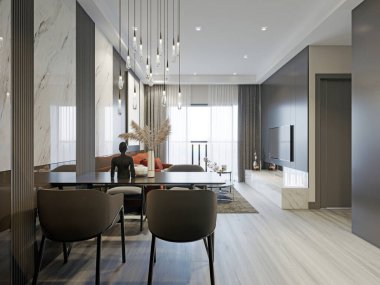 Gri ve beyaz duvarları olan çağdaş tarz yemek odası. 3d oluşturma.