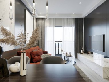 Oturma odasının gri ve beyaz iç kısmı modern tasarımlı kırmızı bir kanepe.. 