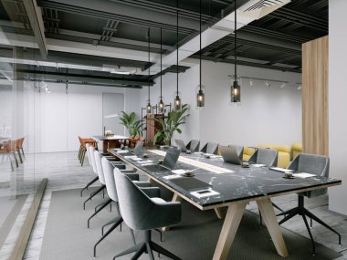 Konferanslar ve müşterilerle görüşmeler için geniş bir masa. 3d oluşturma.