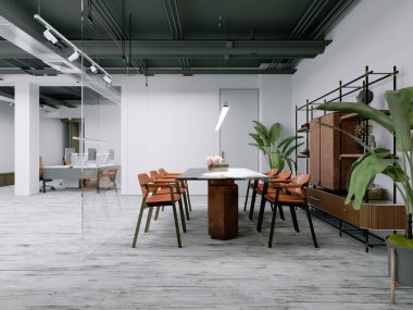 Açık alanı ve turuncu mobilyaları olan modern ofis. 3d oluşturma.