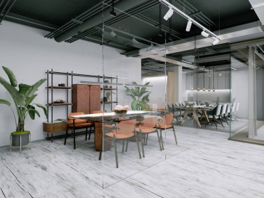Açık alanı ve turuncu mobilyaları olan modern ofis. 3d oluşturma.