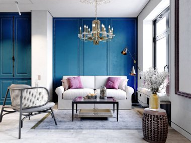 Beyaz ve açık mavi renkli beyaz kanepe ve siyah hasır mobilyalı modern klasik oturma odası. 3d oluşturma.