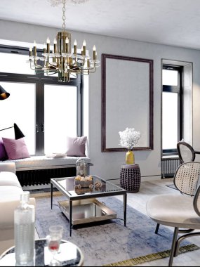 Beyaz ve açık mavi renkli beyaz kanepe ve siyah hasır mobilyalı modern klasik oturma odası. 3d oluşturma.