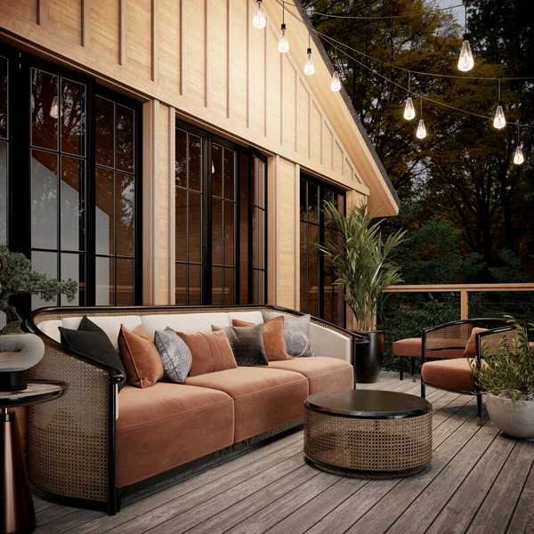 Balkon Terrasse Einem Holzhaus Mit Polstermöbeln Und Schöner Grüner Umgebung — Stockfoto
