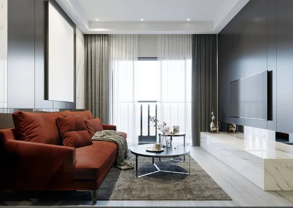 Grau Weißes Wohnzimmer Mit Rotem Sofa Modernem Design — Stockfoto