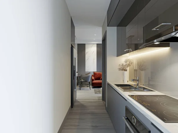 灰色的简约现代风格厨房 — 图库照片