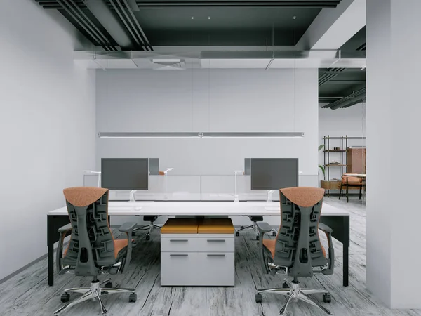 Office workspace with orange chairs and white interior. 3d rendering.