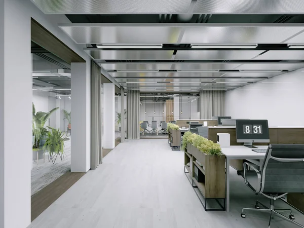 Moderno Espacio Oficina Con Mesas Trabajo Con Plantas Renderizado —  Fotos de Stock
