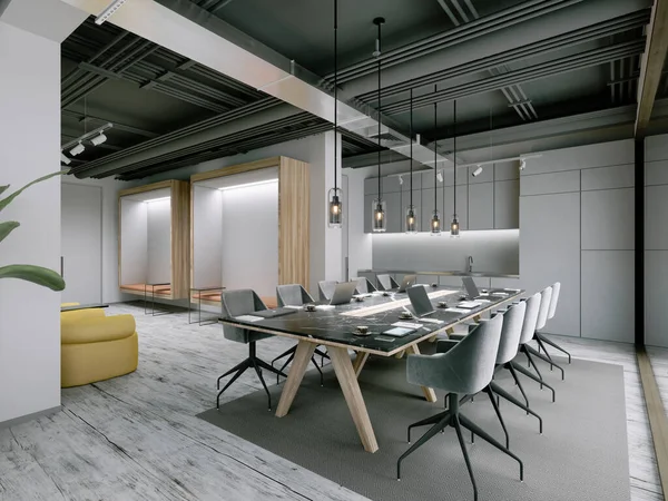 会議やクライアントとの交渉のための大きなテーブルとオフィススペース 3Dレンダリング — ストック写真