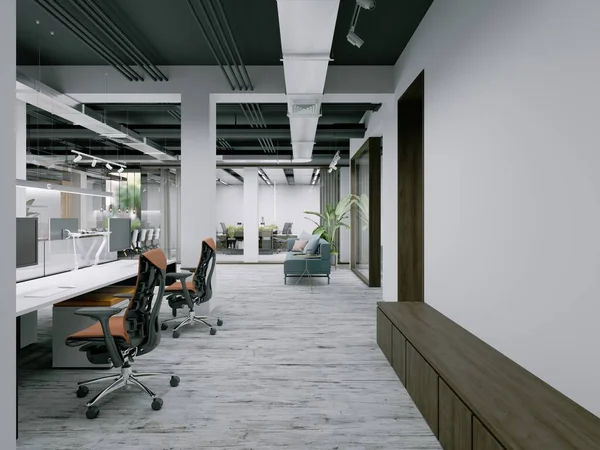 Сучасний Офісний Простір Робочими Столами Рослинами Візуалізація — стокове фото