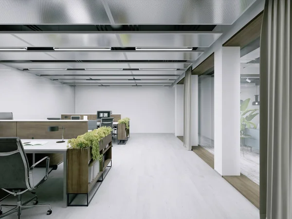 现代办公空间与工作台与植物 3D渲染 — 图库照片