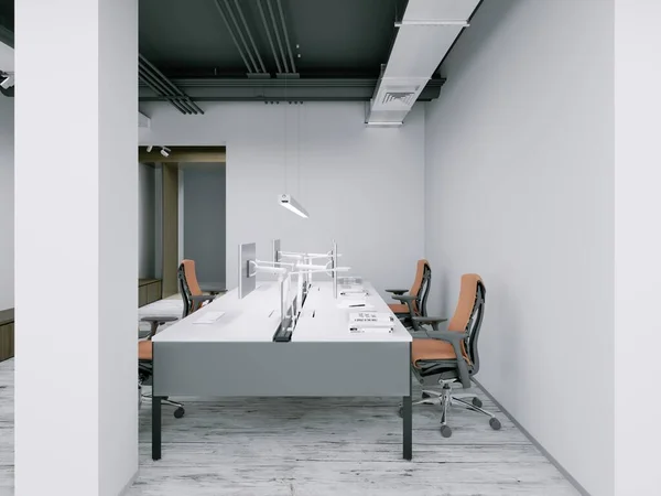 Espacio Trabajo Oficina Con Sillas Naranjas Interior Blanco Renderizado —  Fotos de Stock