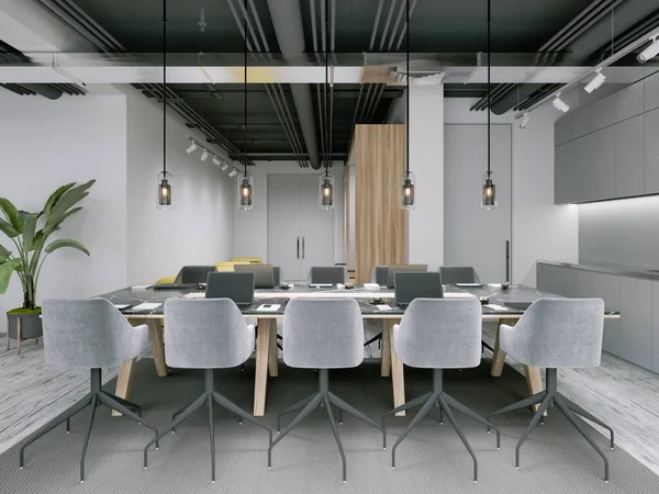 会議やクライアントとの交渉のための大きなテーブルとオフィススペース 3Dレンダリング — ストック写真