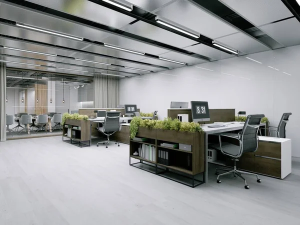 Сучасний Офісний Простір Робочими Столами Рослинами Візуалізація — стокове фото