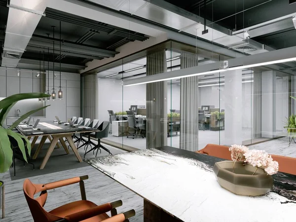 植物と作業台付きのモダンなオフィススペース 3Dレンダリング — ストック写真