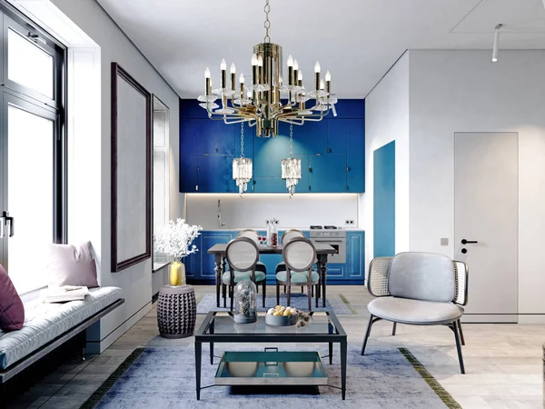 Kleine Einzimmerwohnung Weiß Und Blau Mit Klassisch Schwarzen Möbeln Darstellung — Stockfoto