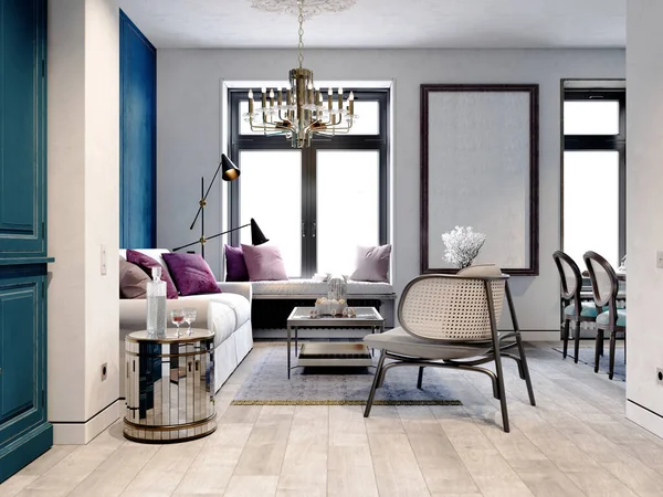 现代经典客厅 白色和浅蓝色风格 白色沙发和黑色柳条家具 3D渲染 — 图库照片