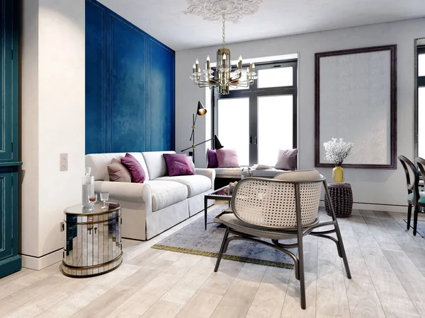 白と白のソファと黒のウィッカーの家具と白とライトブルーのスタイルで現代的な古典的なリビングルーム 3Dレンダリング — ストック写真