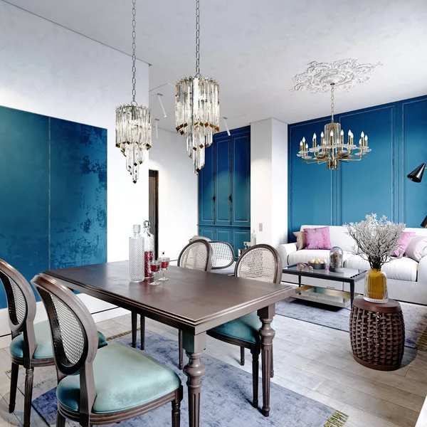 古典的な黒の家具と白と青の小さなスタジオアパートメント 3Dレンダリング — ストック写真