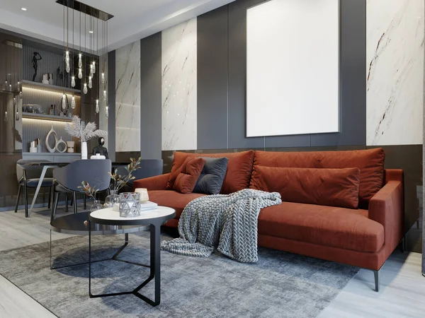 Rotes Sofa Wohnzimmer Mit Grauen Und Weißen Wänden Zeitgenössischen Stil lizenzfreie Stockfotos