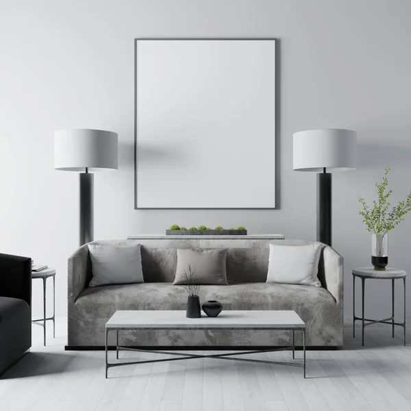 Kosong Dinding Atas Sofa Putih Dengan Dua Meja Samping Tempat Stok Gambar Bebas Royalti