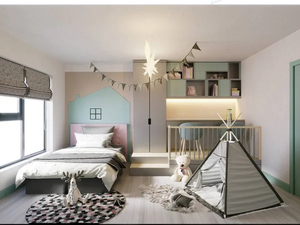 Kinderzimmer Mit Einem Zelt Hellen Farben Und Farben Darstellung Stockfoto