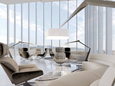 Müzakere için oturma alanı ve sergi için bina maketi olan geniş modern bir iç mekanı olan bir emlak satış ofisi. 3d oluşturma.