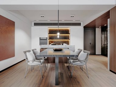 Çağdaş mutfak tasarımı beyaz panelli siyah mermer kaplama ve siyah mermer kenarlı yemek masası. 3d oluşturma.