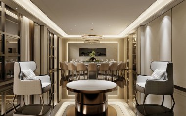 İki beyaz koltuğu, bir dergi masası ve büyük yuvarlak bir yemek masası olan klasik tarzda geniş bir oturma odası. 3d oluşturma.