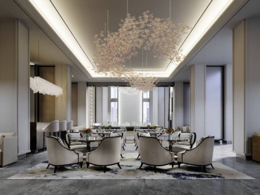 Restoranın tasarımı, yumuşak sandalyeli ve döşenmiş mobilyalı tenha alanlarla çağdaş bir kütüphane tarzında. 3d oluşturma.