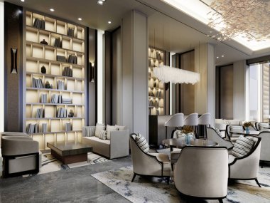 Restoranın tasarımı, yumuşak sandalyeli ve döşenmiş mobilyalı tenha alanlarla çağdaş bir kütüphane tarzında. 3d oluşturma.