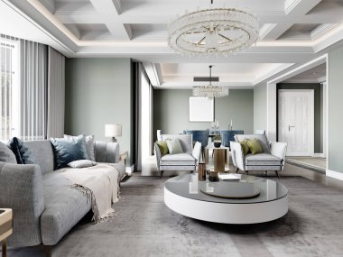 Şatafatlı modern oturma odası klasik elementler modern mobilyalar ve şam fıstığı renginde duvarlar. 3d oluşturma.