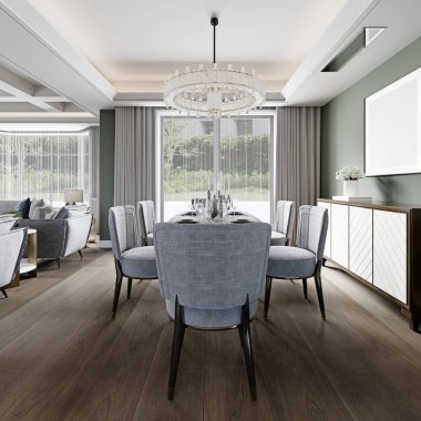 Büyük bir panoramik pencerenin yanında, beyaz döşemeli tasarımcı sandalyeleri ve siyah mermer yemek masası. 3d oluşturma.