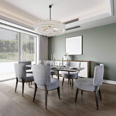 Büyük bir panoramik pencerenin yanında, beyaz döşemeli tasarımcı sandalyeleri ve siyah mermer yemek masası. 3d oluşturma.