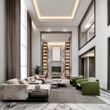 Yüksek tavanlı ve büyük pencereli lüks bir oturma odası ve renkli mobilyaların döşendiği ikinci katlı yeşil ve beyaz bir mobilya. 3d oluşturma.