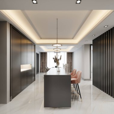 Bar tabureleri ve siyah mutfak mobilyaları olan siyah mutfak adası. 3d oluşturma.