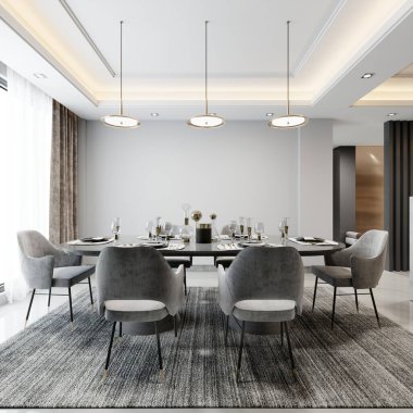 Yemek masası beyaz ve gri çağdaş tarzda geniş bir pencerenin yanında. 3d oluşturma.