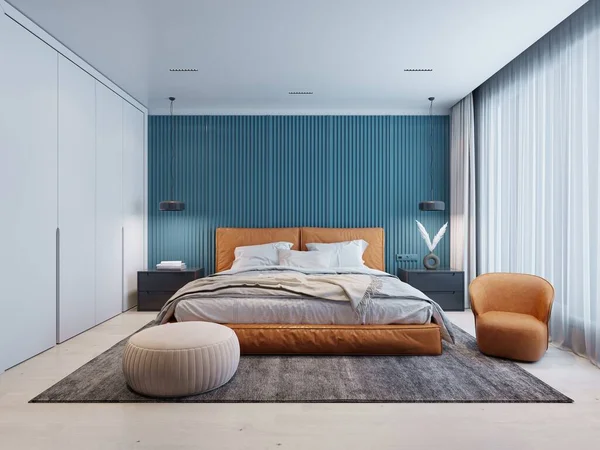 現代的なベッドルームには 青と白の壁とオレンジのベッドとベージュのオットマン付きの椅子があります 3Dレンダリング — ストック写真