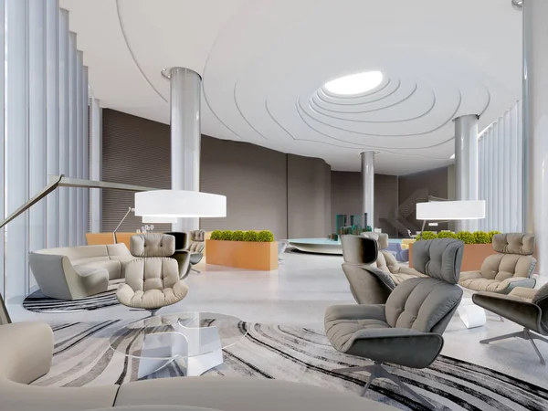 Ein Immobilienverkaufsbüro Mit Großem Modernem Interieur Mit Sitzecke Für Verhandlungen — Stockfoto