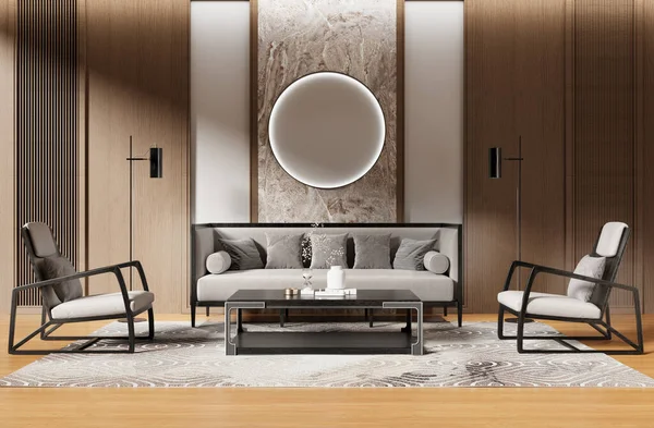 Frontal view of a designer interior with a gray sofa and two armchairs with a wooden wall and a stylized circle at the back. 3d rendering.