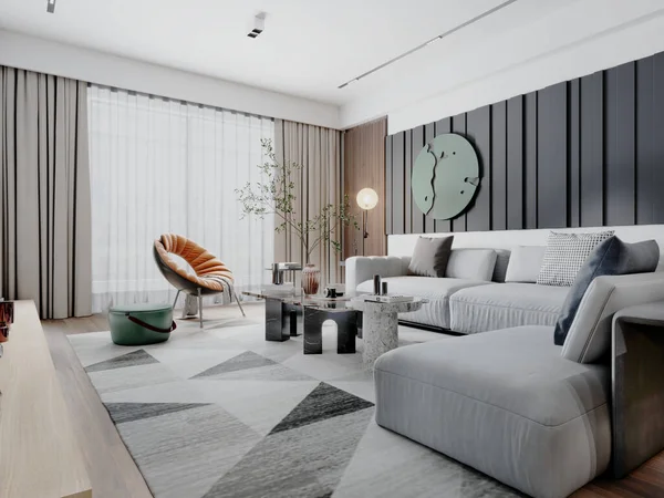 Modernes Wohnzimmer Hellen Farben Mit Wandverkleidungen Mit Weißem Ecksofa Und — Stockfoto