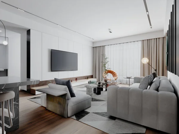 Modernes Wohnzimmer Hellen Farben Mit Wandverkleidungen Mit Weißem Ecksofa Und — Stockfoto