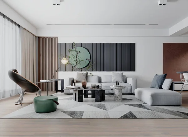 Modern Living Room Light Colors Paneling Walls White Corner Sofa — Stock Photo, Image